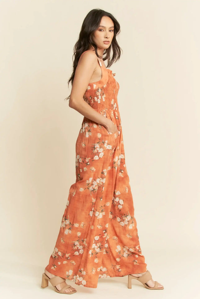 Floral Smocked Jumpsuit – Wide Leg Strappy One Piece with Pockets
