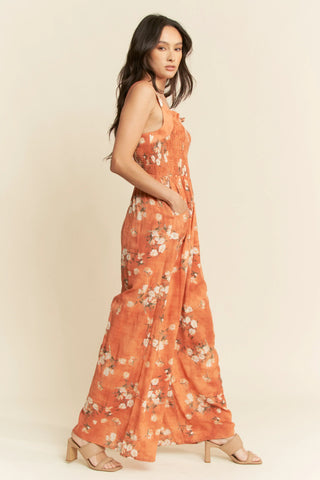 Floral Smocked Jumpsuit – Wide Leg Strappy One Piece with Pockets