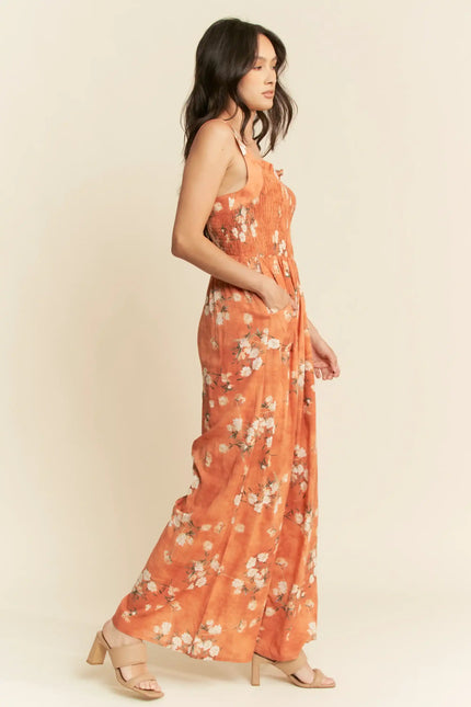 Floral Smocked Jumpsuit – Wide Leg Strappy One Piece with Pockets