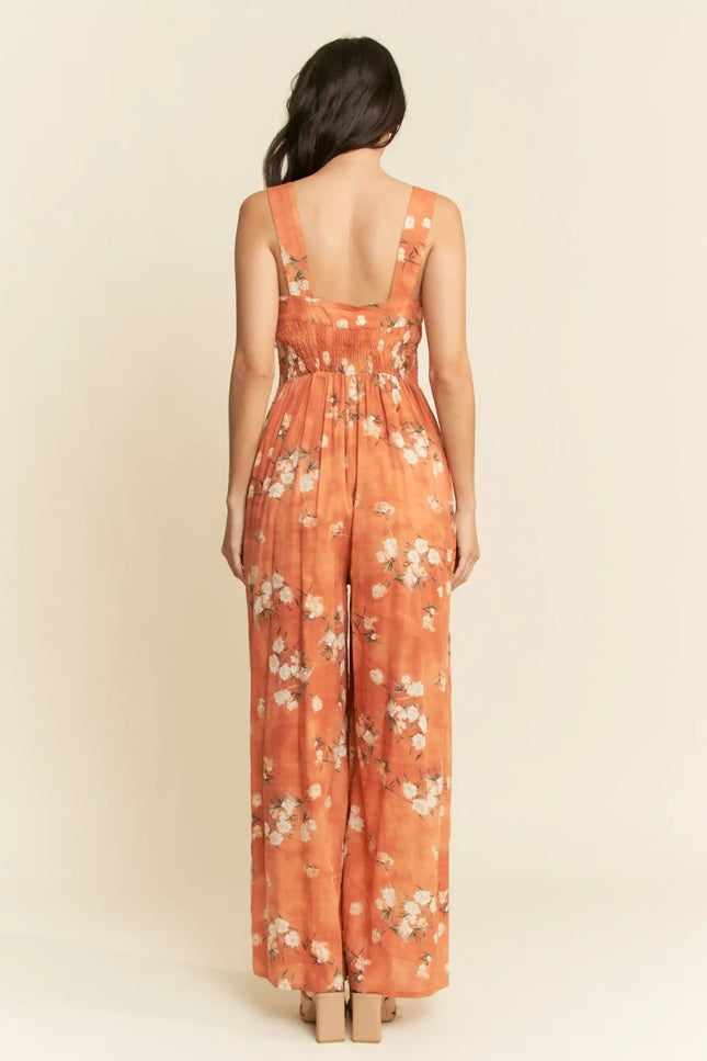 Floral Smocked Jumpsuit – Wide Leg Strappy One Piece with Pockets