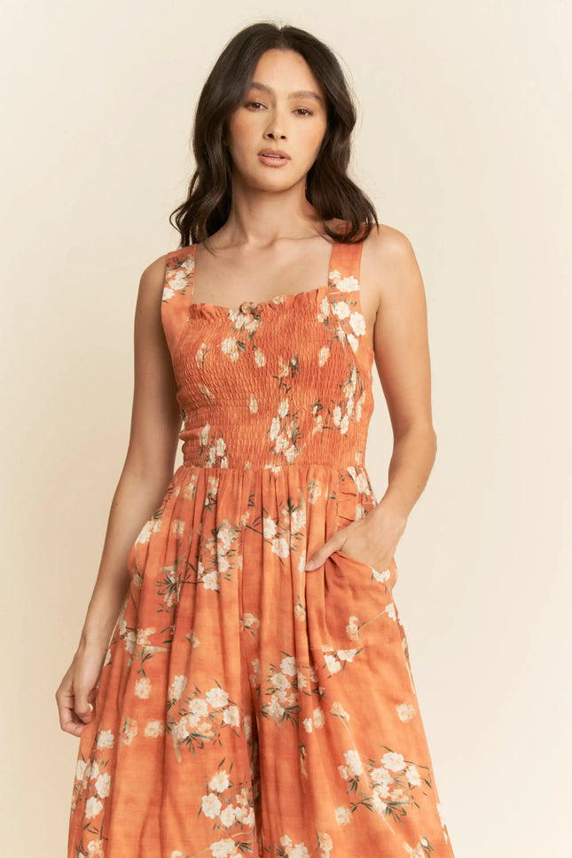 Floral Smocked Jumpsuit – Wide Leg Strappy One Piece with Pockets