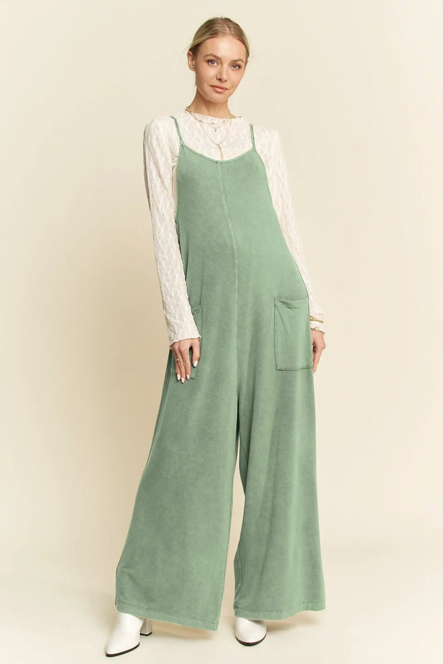 Wide Leg Knit Romper – Spaghetti Strap One-Piece with Pockets