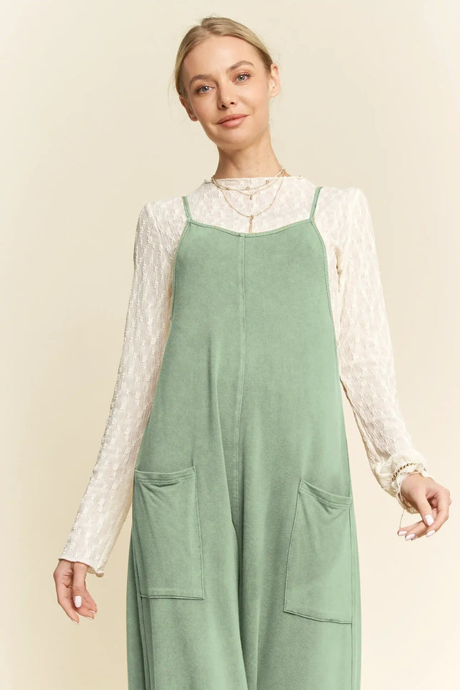 Wide Leg Knit Romper – Spaghetti Strap One-Piece with Pockets