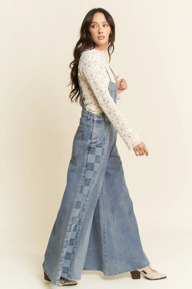 Checkered Wide Leg Denim Overalls – Patch Pocket Utility Jumpsuit