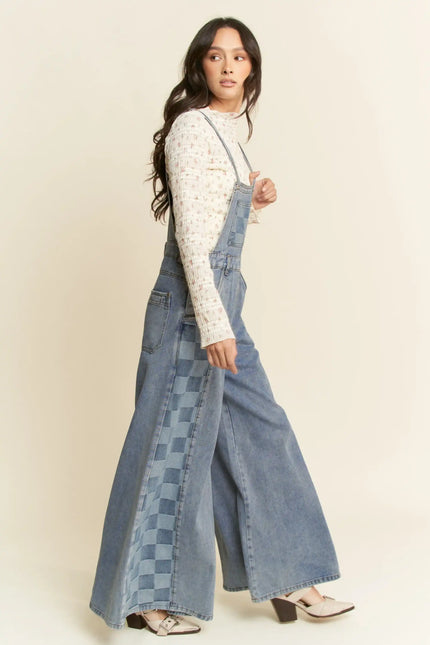 Checkered Wide Leg Denim Overalls – Patch Pocket Utility Jumpsuit