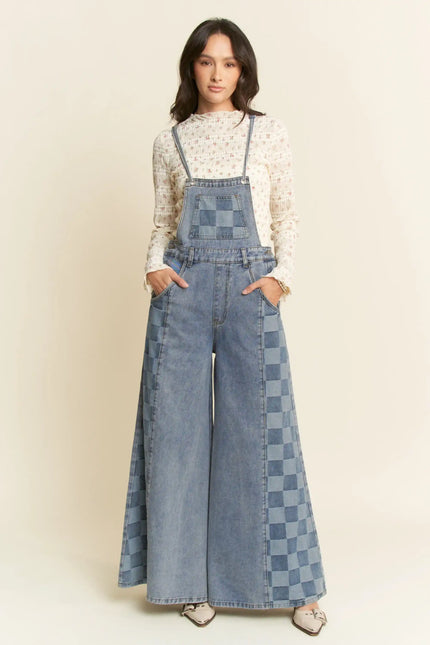 Checkered Wide Leg Denim Overalls – Patch Pocket Utility Jumpsuit