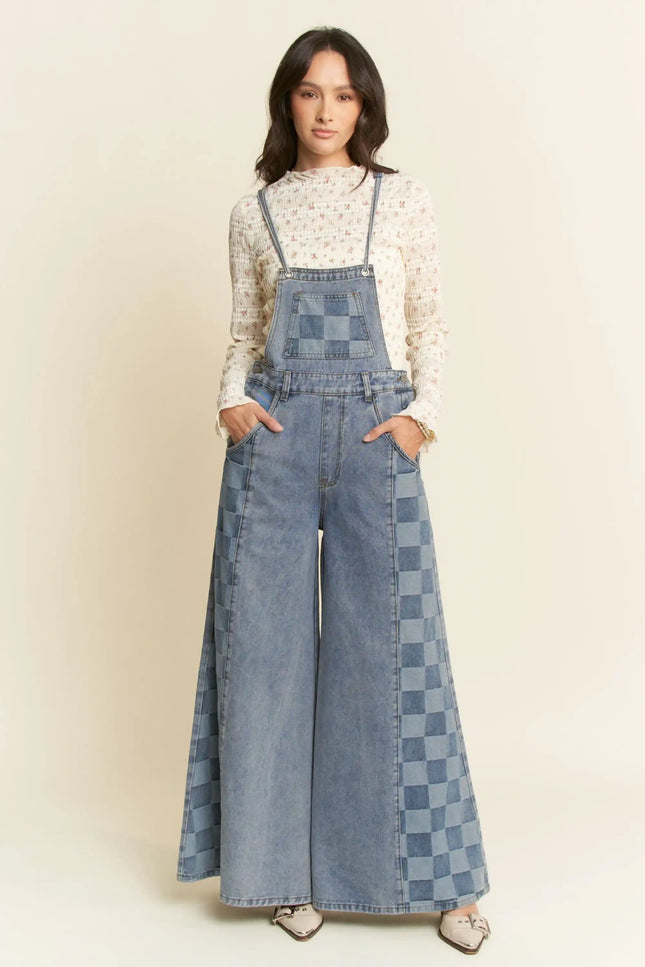 Checkered Wide Leg Denim Overalls – Patch Pocket Utility Jumpsuit