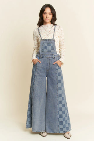 Checkered Wide Leg Denim Overalls – Patch Pocket Utility Jumpsuit