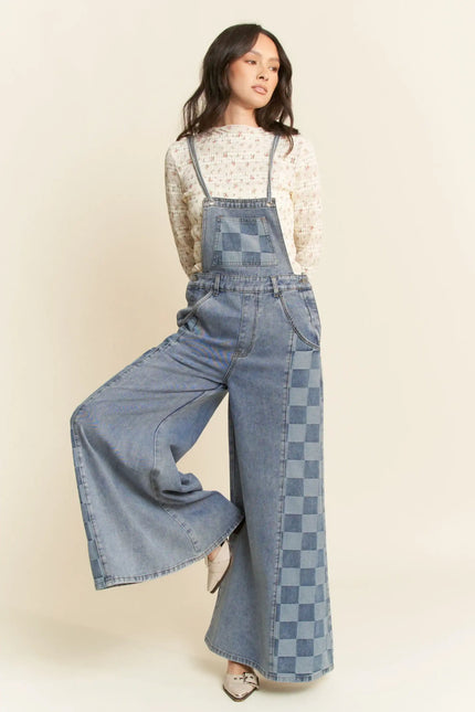 Checkered Wide Leg Denim Overalls – Patch Pocket Utility Jumpsuit
