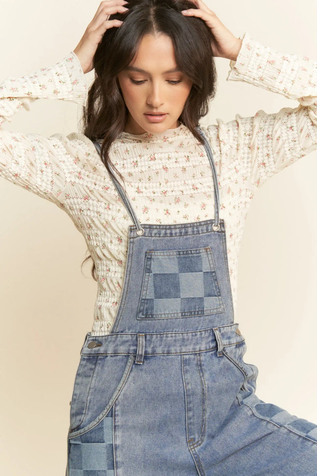 Checkered Wide Leg Denim Overalls – Patch Pocket Utility Jumpsuit