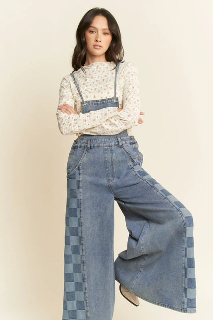 Checkered Wide Leg Denim Overalls – Patch Pocket Utility Jumpsuit