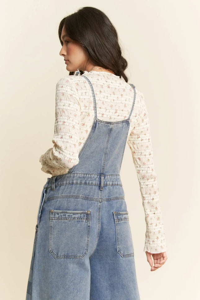 Checkered Wide Leg Denim Overalls – Patch Pocket Utility Jumpsuit