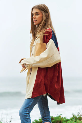Colorblock Corduroy Button-Down Shacket