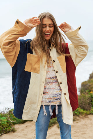 Colorblock Corduroy Button-Down Shacket
