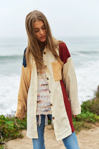 Colorblock Corduroy Button-Down Shacket