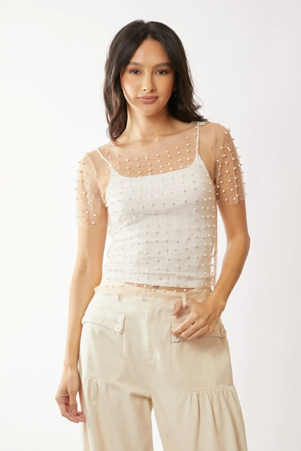 Pearl Embellished Sheer Mesh Top