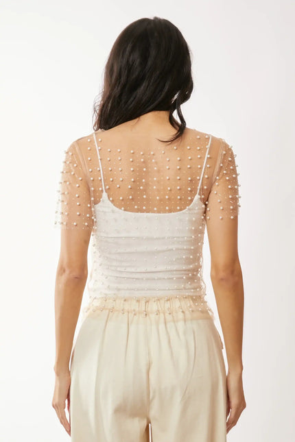 Pearl Embellished Sheer Mesh Top