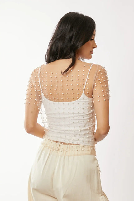 Pearl Embellished Sheer Mesh Top