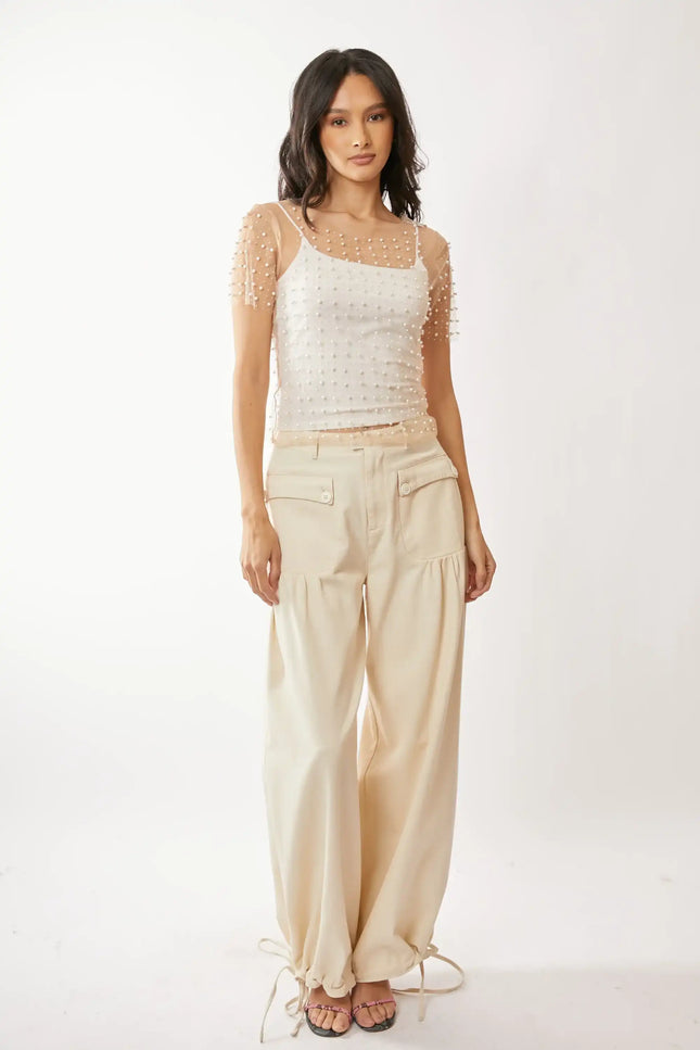 Pearl Embellished Sheer Mesh Top