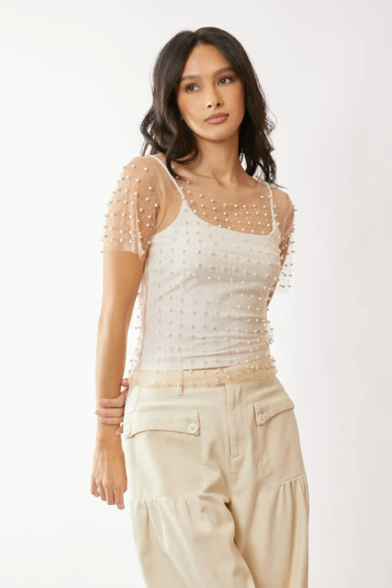 Pearl Embellished Sheer Mesh Top