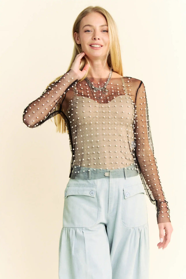 Pearl Embellished Long Sleeve Mesh Top