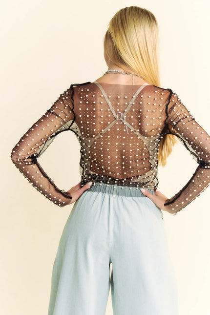 Pearl Embellished Long Sleeve Mesh Top
