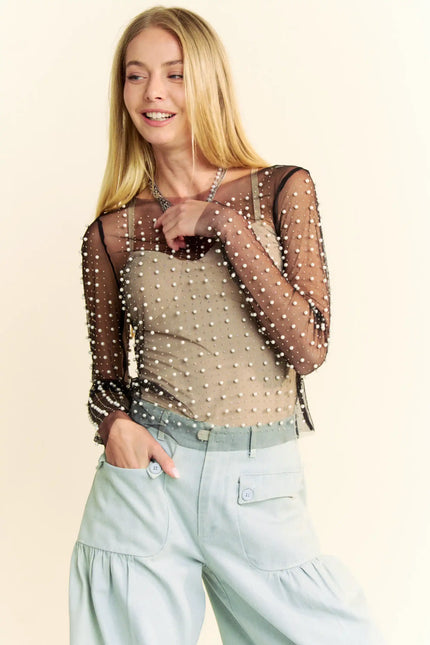 Pearl Embellished Long Sleeve Mesh Top