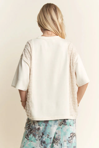 Mixed Texture Boxy Top with Lace Panel & Pocket Detail