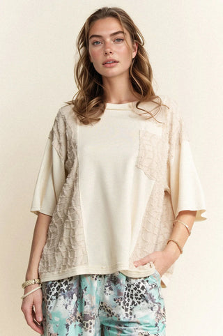 Mixed Texture Boxy Top with Lace Panel & Pocket Detail
