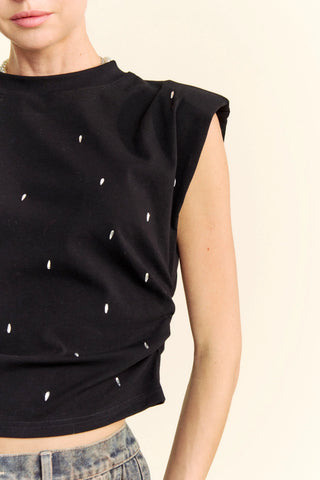 Sleeveless Embroidered Shoulder Pad Top – Cropped Muscle Tank