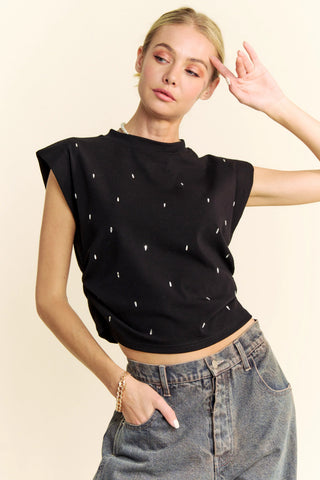 Sleeveless Embroidered Shoulder Pad Top – Cropped Muscle Tank