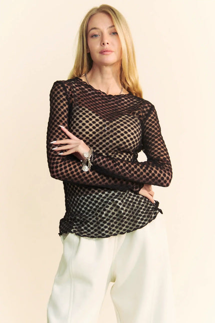 Textured Dot Mesh Long Sleeve Top