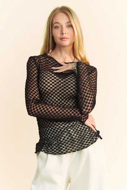 Textured Dot Mesh Long Sleeve Top