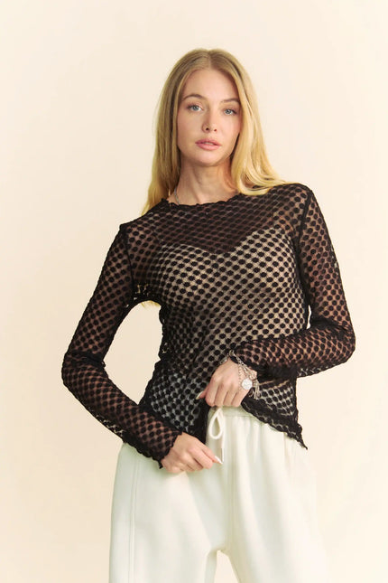 Textured Dot Mesh Long Sleeve Top