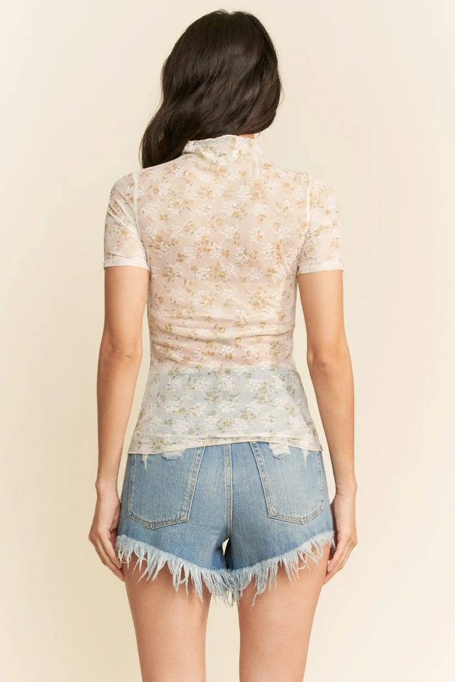 Floral Lace Mesh Mock Neck Top