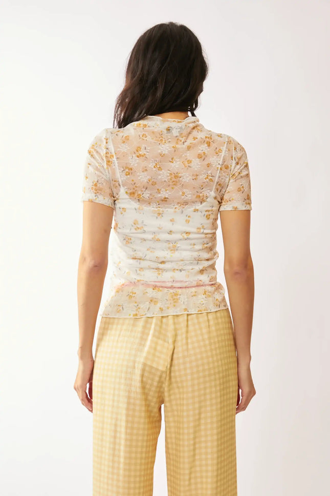 Floral Lace Mesh Mock Neck Top