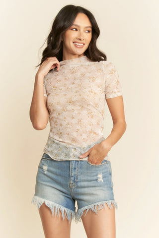 Floral Lace Mesh Mock Neck Top