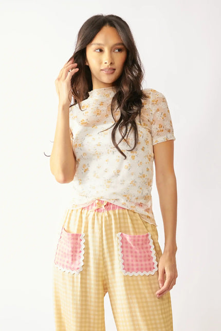 Floral Lace Mesh Mock Neck Top