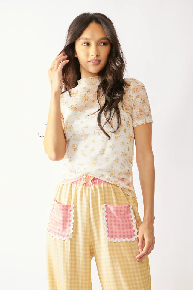 Floral Lace Mesh Mock Neck Top