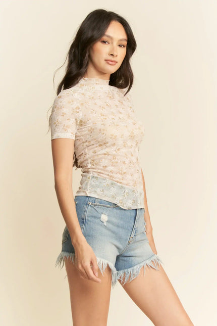 Floral Lace Mesh Mock Neck Top