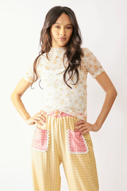 Floral Lace Mesh Mock Neck Top