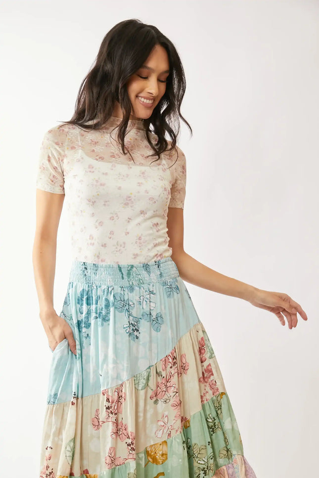 Floral Lace Mesh Mock Neck Top