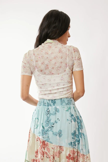 Floral Lace Mesh Mock Neck Top