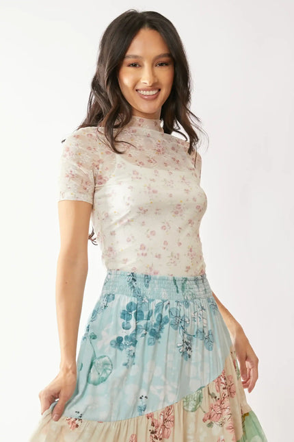 Floral Lace Mesh Mock Neck Top