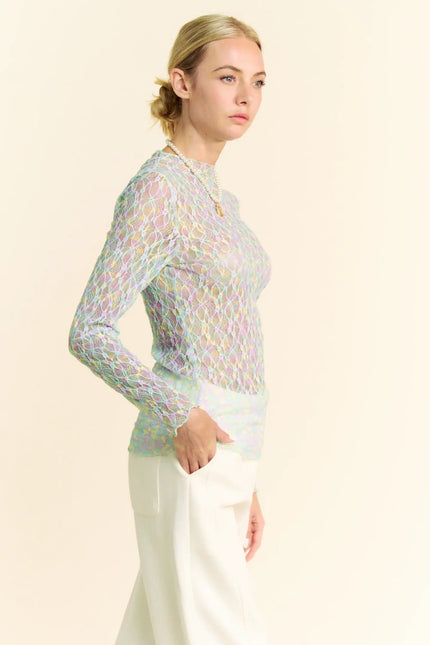 Neon Floral Lace Long Sleeve Mesh Top