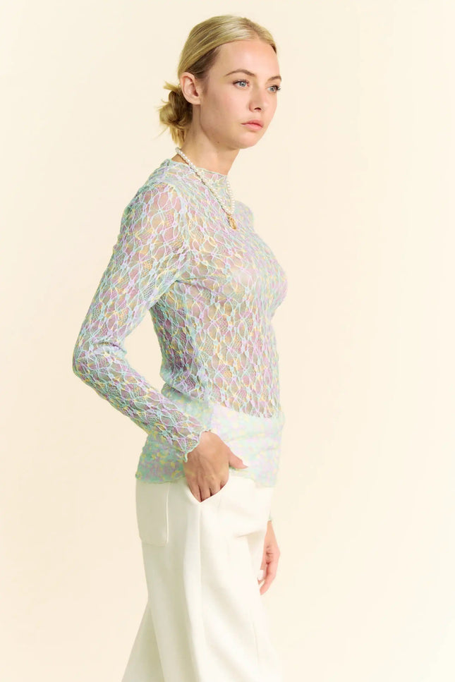 Neon Floral Lace Long Sleeve Mesh Top