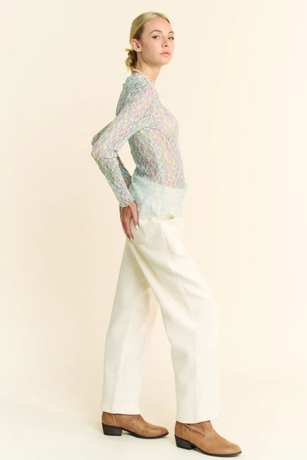 Neon Floral Lace Long Sleeve Mesh Top