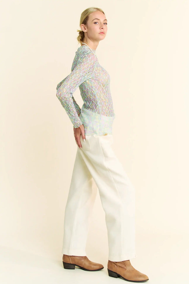 Neon Floral Lace Long Sleeve Mesh Top