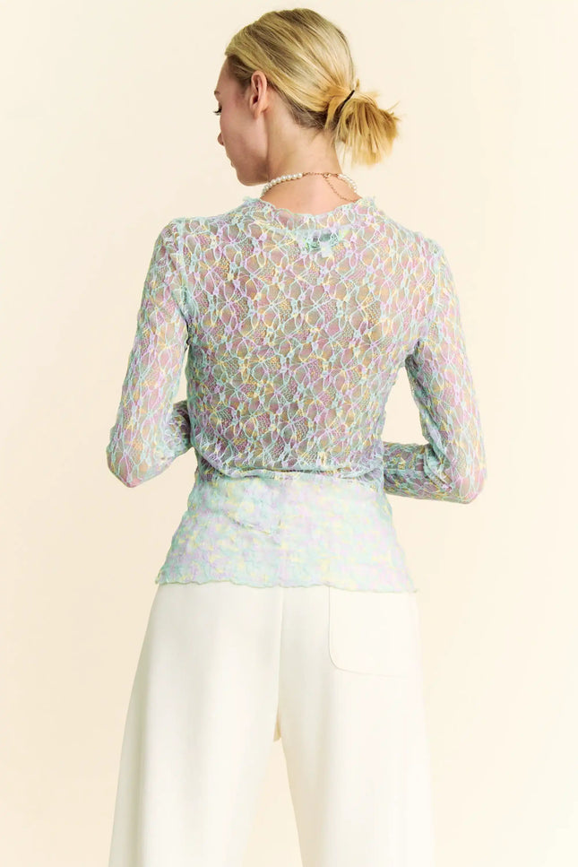 Neon Floral Lace Long Sleeve Mesh Top