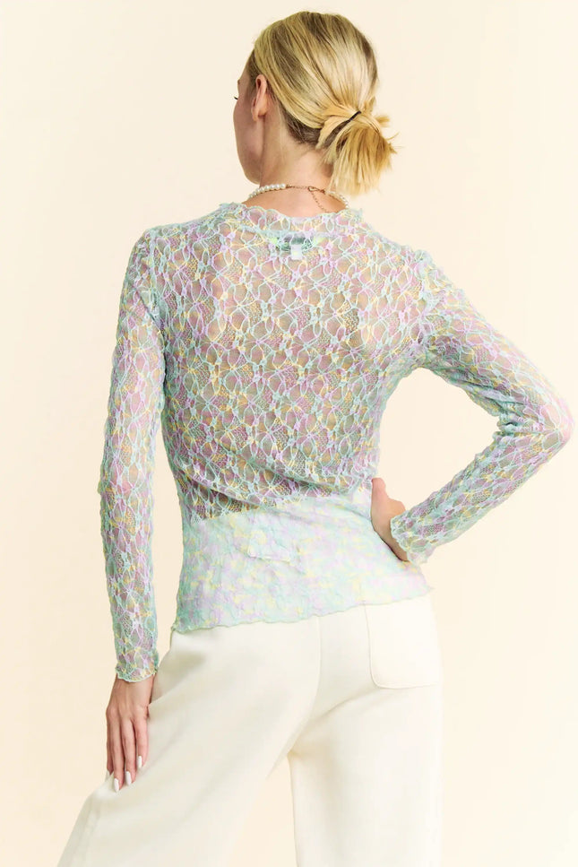 Neon Floral Lace Long Sleeve Mesh Top